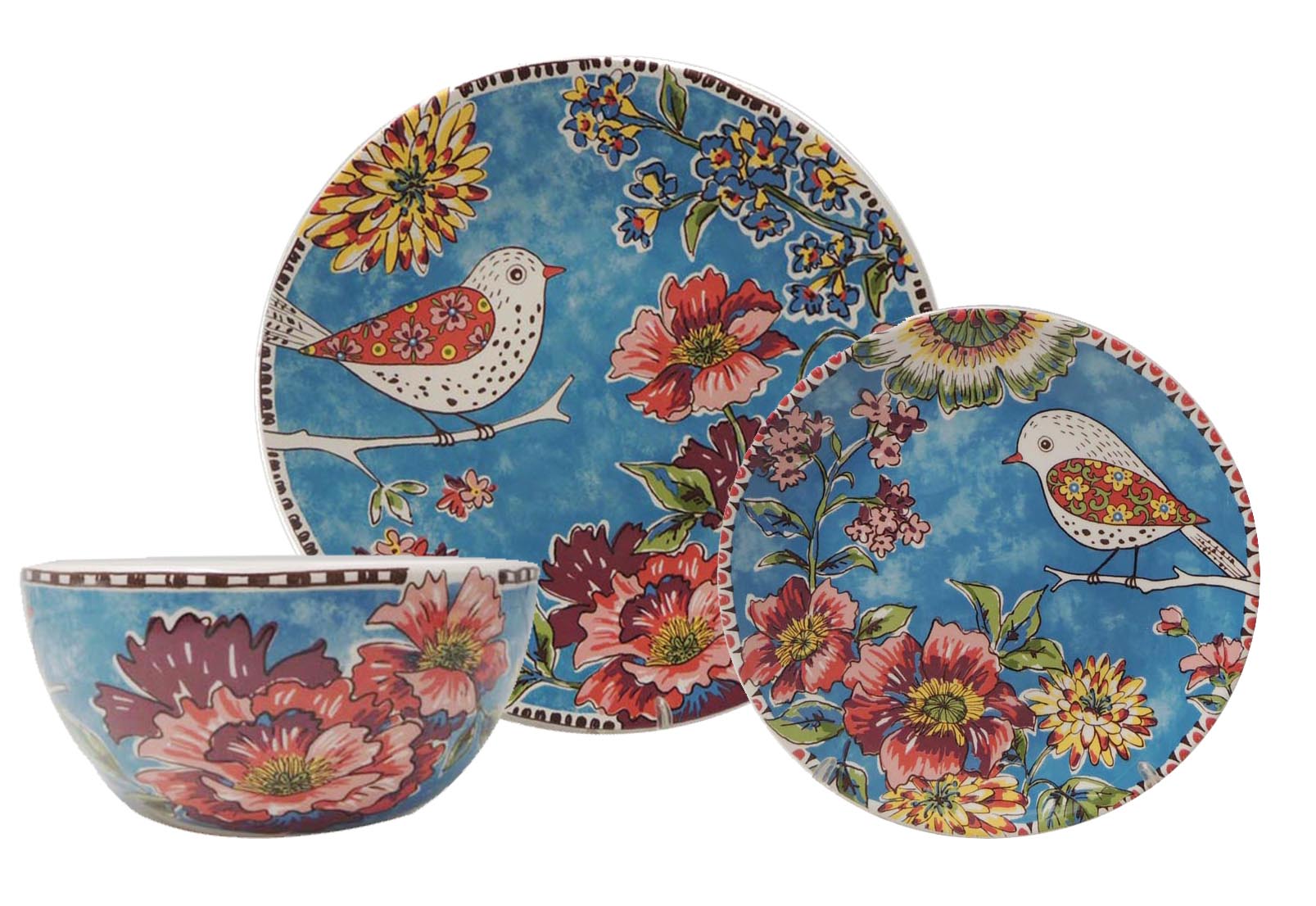 bright color florals w bird dinnerware
