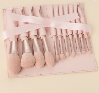 11pcs Pink High End Wooden Handle Teenage Girl Brush Set with Ribbon Pouch