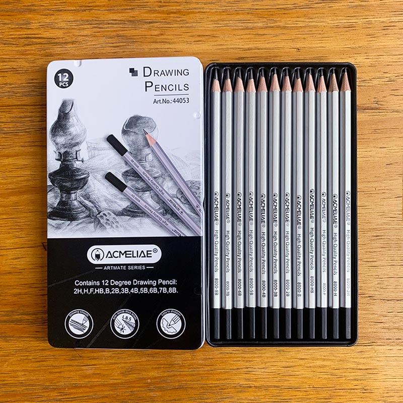 #12 pcs 2H-8B Drawing Pencil - Hexagonal-Metal Box (Spot Supply)