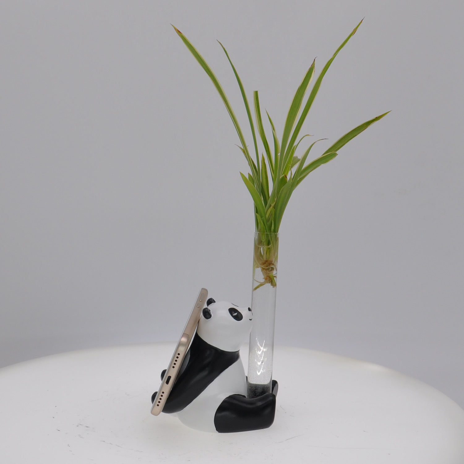 Wholesale Polyresin cartoon panda sculpture water plant cell photo stand statue custome for home decoration