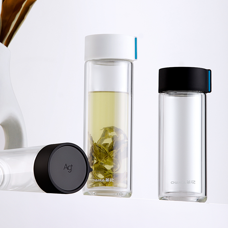 260ml & 320ml antimicrobial double wall borosilicate glass water bottle with strainer