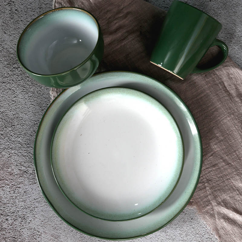 16pcs Dinner Set With Reactive Glaze Rim(10.5"dinner Plate, 8" Side Plate, 20cm/8" Soup Plate/ Pasta Bowl,11oz Mug, Each Shape 4pcs)
