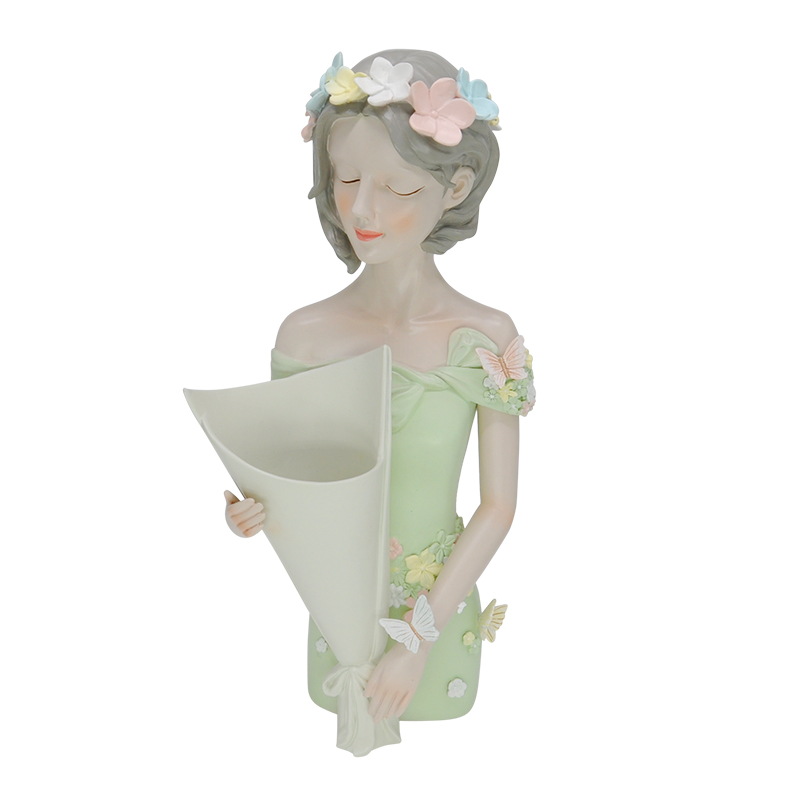 Nordic Living Room Entryway Decor - Girl Holding Flowers, Resin Craft Piece