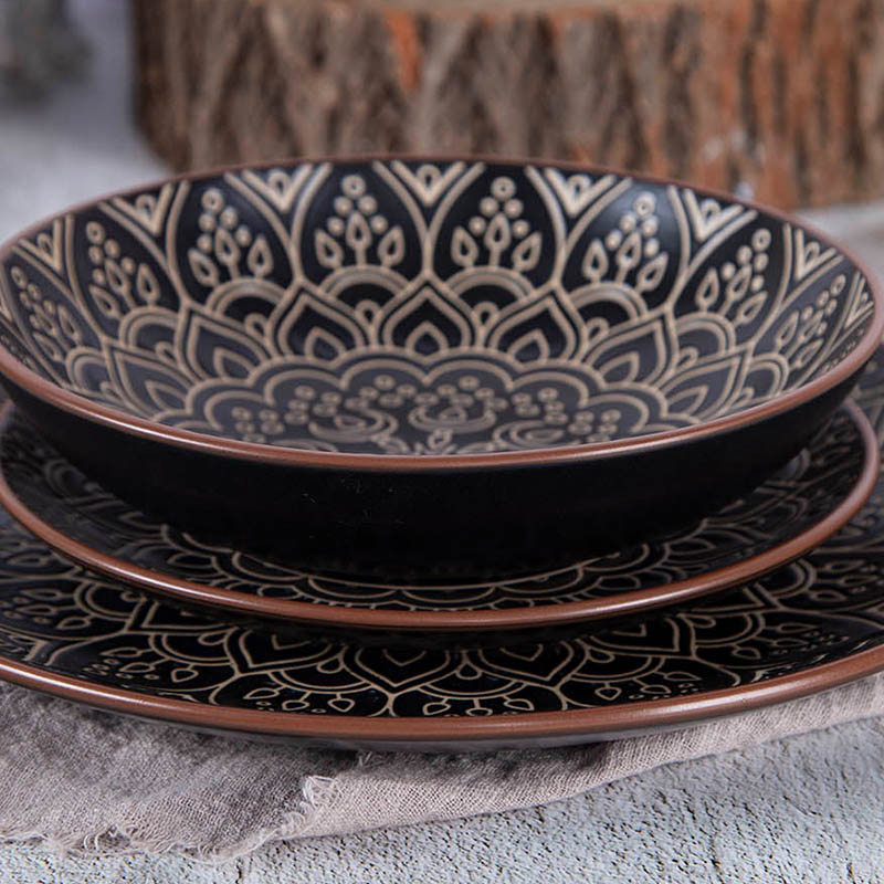 18pc Dinner Set Pad Printing Mandala Design With Red Clay Rim In Color Box(27.2cm Dinner Plate; 19.5cm Salad Plate; 20cm Soup Bowl)