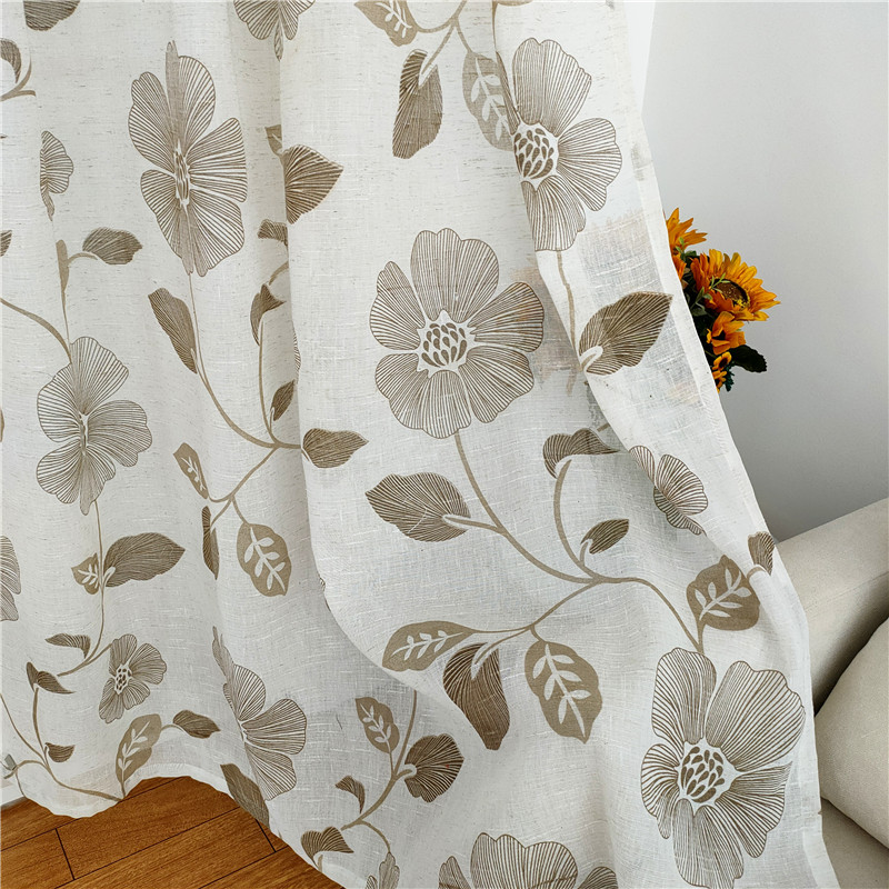 NICEFAR Curtain Panels Linen Blend Textured , Leaf Flower Printed linen fabrics Sheer Curtain