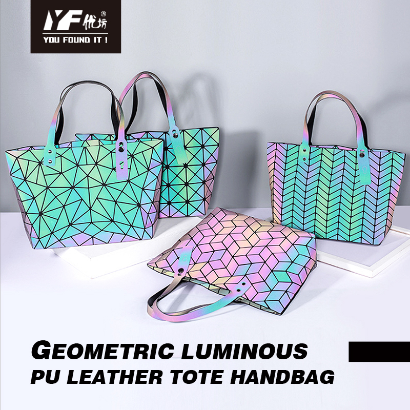 2021 Wholesale luminous PU leather handbags geometric holographic leather tote bags