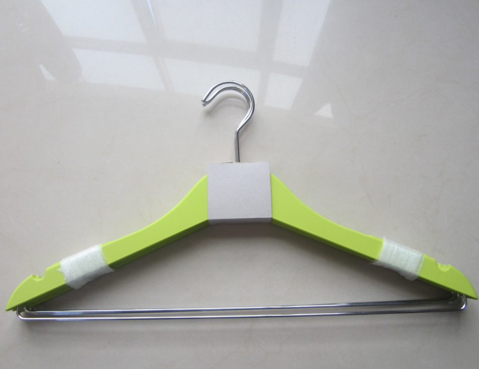 green rubber coated plastic clothing hanger with bar