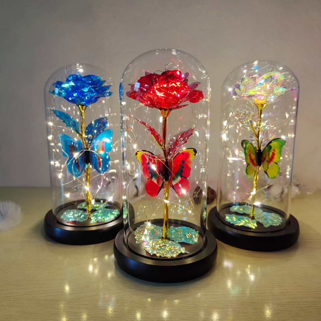 Gold Foil Rose Preserved Flower Glass Dome | LED Light | Festival Gift Wholesale Custom