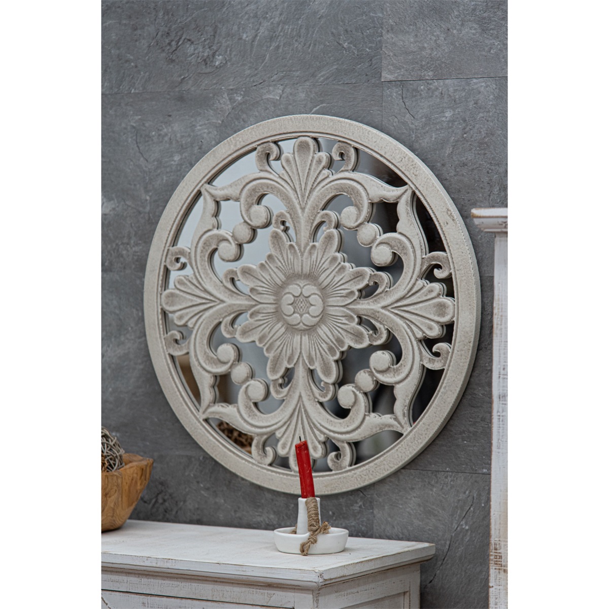 INNOVA Hand Painted Hanging Wooden Home Art Decor Round decorative whitewashed carved wood wall panels For Living Room, Kitchen