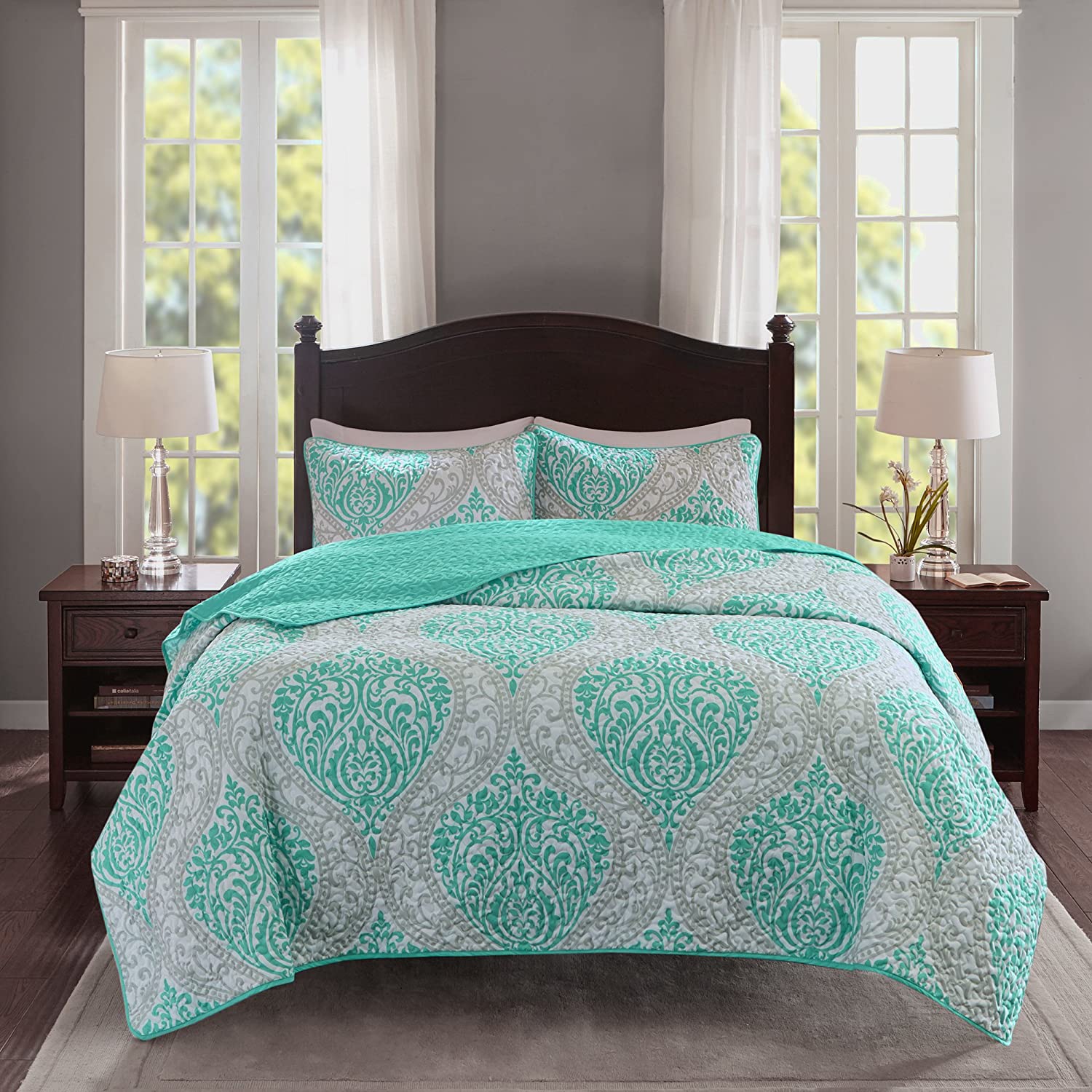 3 Piece Quilt Coverlet Bedspread Ultra Soft Printed Damask Pattern Hypoallergenic Bedding Set