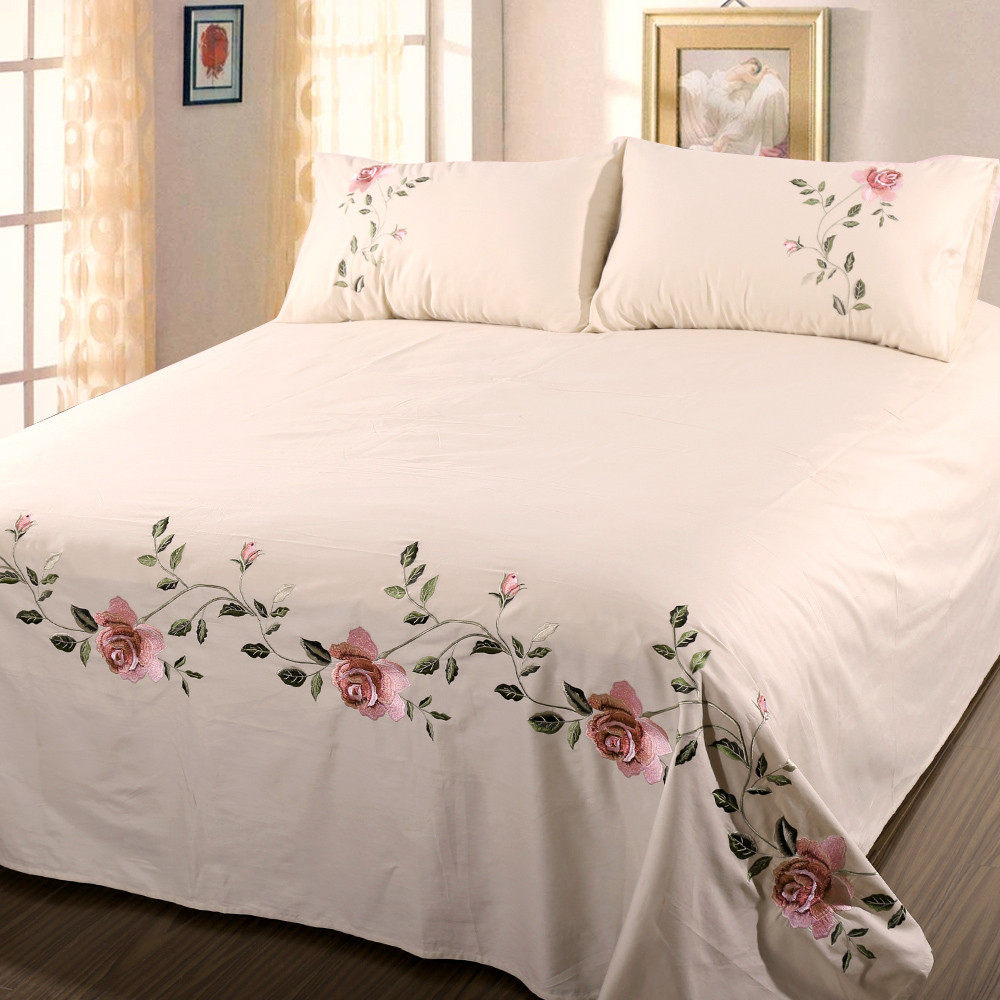 Rose Embroidery Cotton Bed Sheet Bedding Set