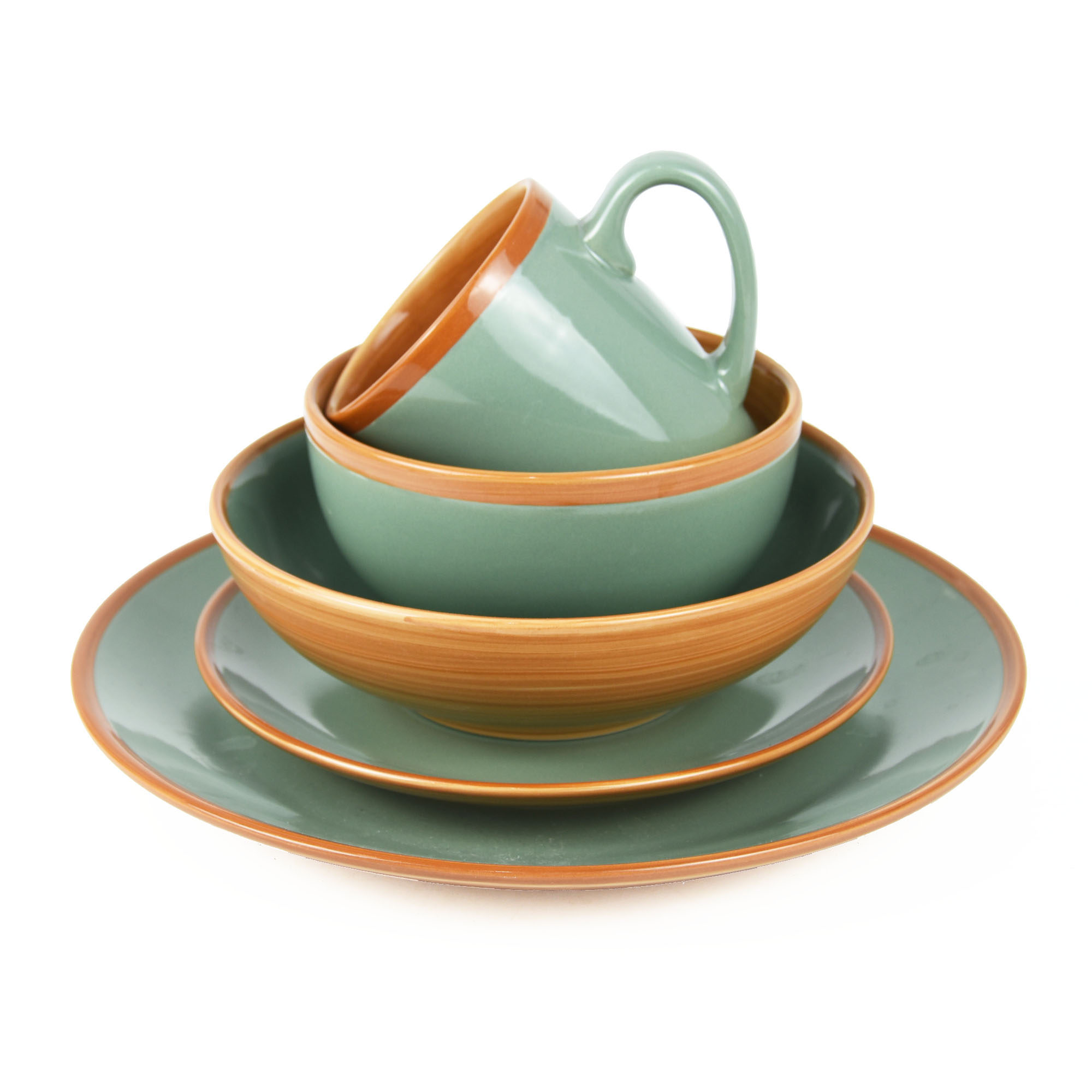 16 pc Olive Green color Dinnerware Set, with brown woodlook