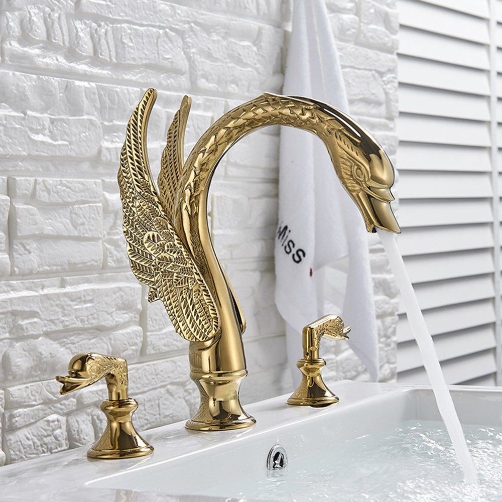 Newly Luxury Gold 3Pcs Bathroom Sink Faucet Basin Mixer Tap Swan Style Vessel Faucet 2 Handles Bath Faucet Basin Taps Water tap