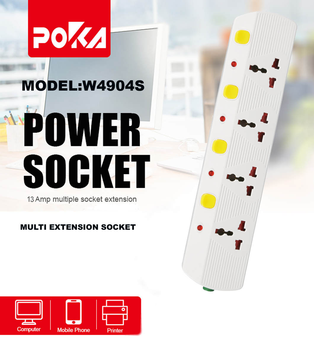 4 ways Multi extension sockets POKA brand W4904S