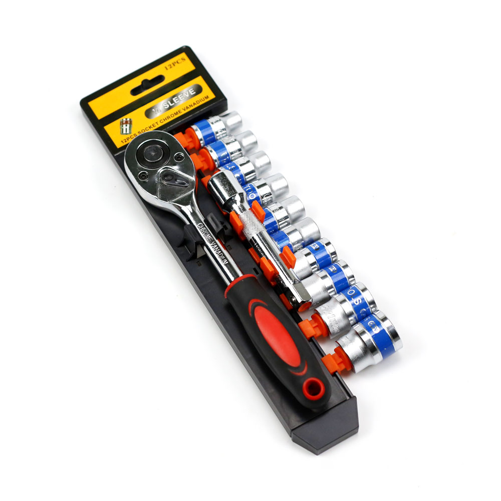 12pcs 1/2 blue belt socket sleeve set with ratchet wrench in plastic hanger