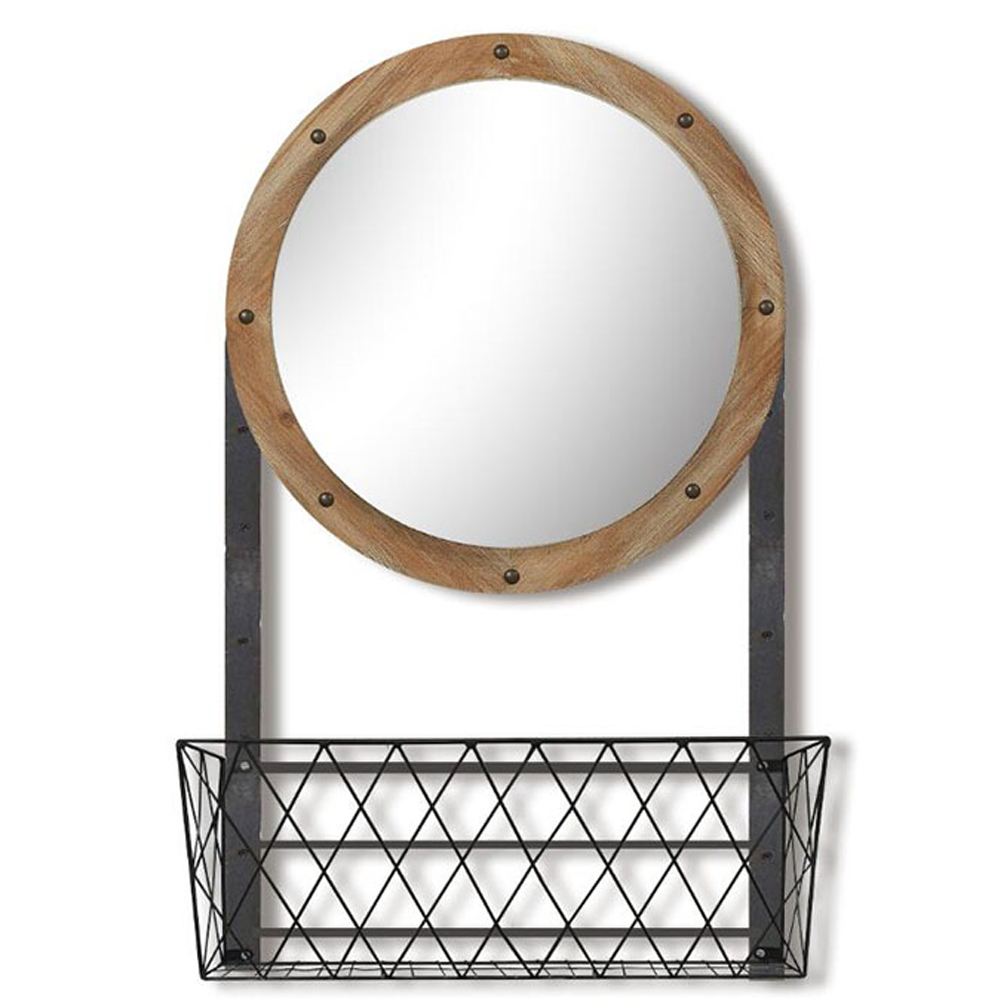 New Design Decorative Wooden Circle Frame mirror Withe Shelf and Metal Basket