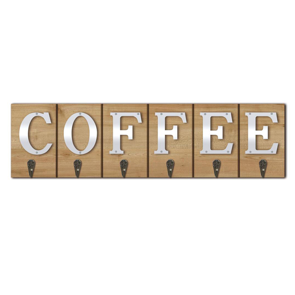 wood Wall Mounted Coffee Cup Organizer Rack with 6 hooks, Rustic Farmhouse Wood Wall Decor Sign for Kitchen Coffee Bar or Cafe