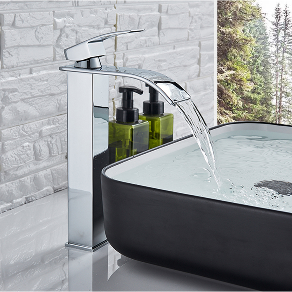 Waterfall Bathroom Sink Faucet Deck Mount Hot Cold Water Basin Mixer Taps Polished Chrome Lavatory Sink Tap