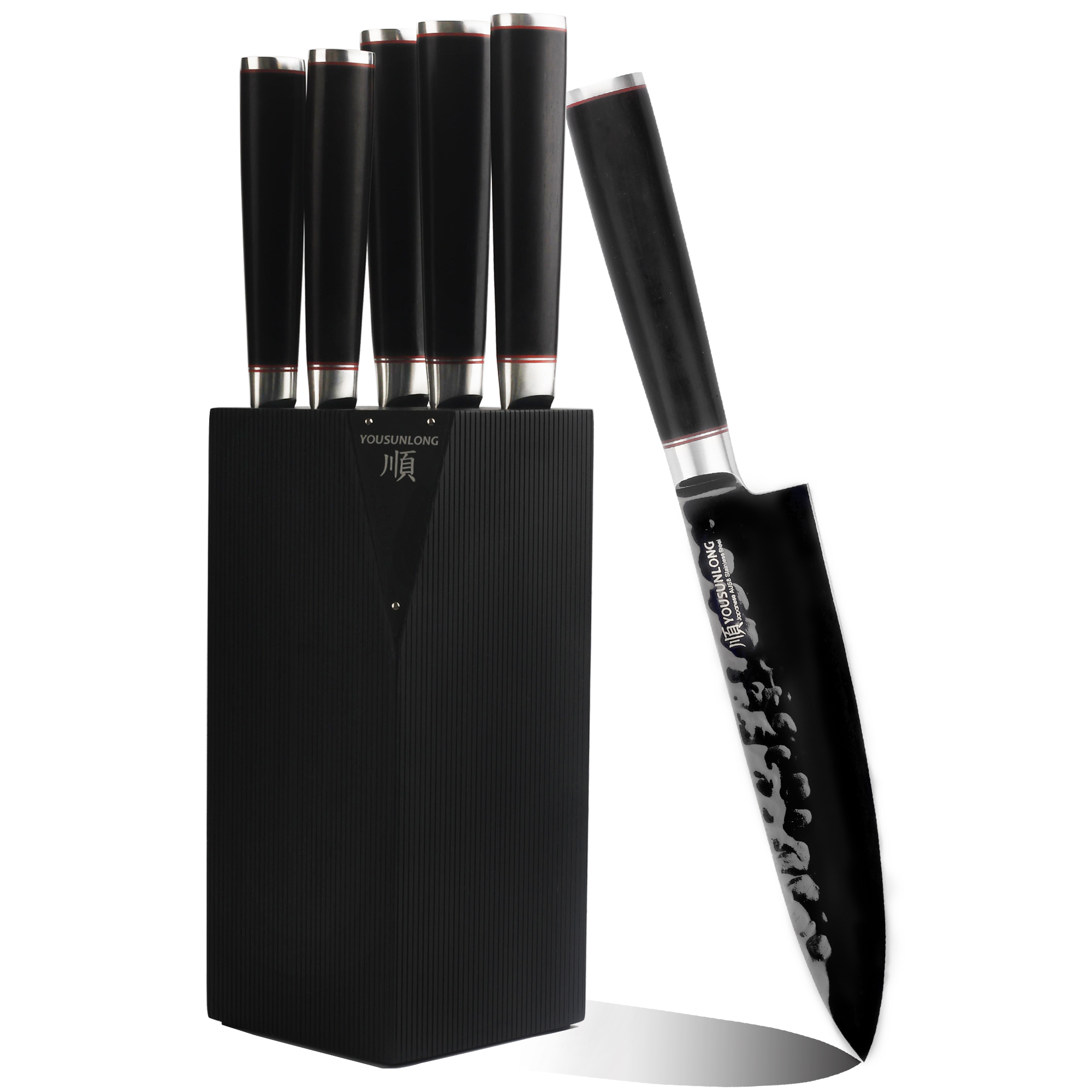 Kitchen Knives Set - Japanese AUS8 Steel Black Titanium - Fraxinus Holder - Blackwood Handle