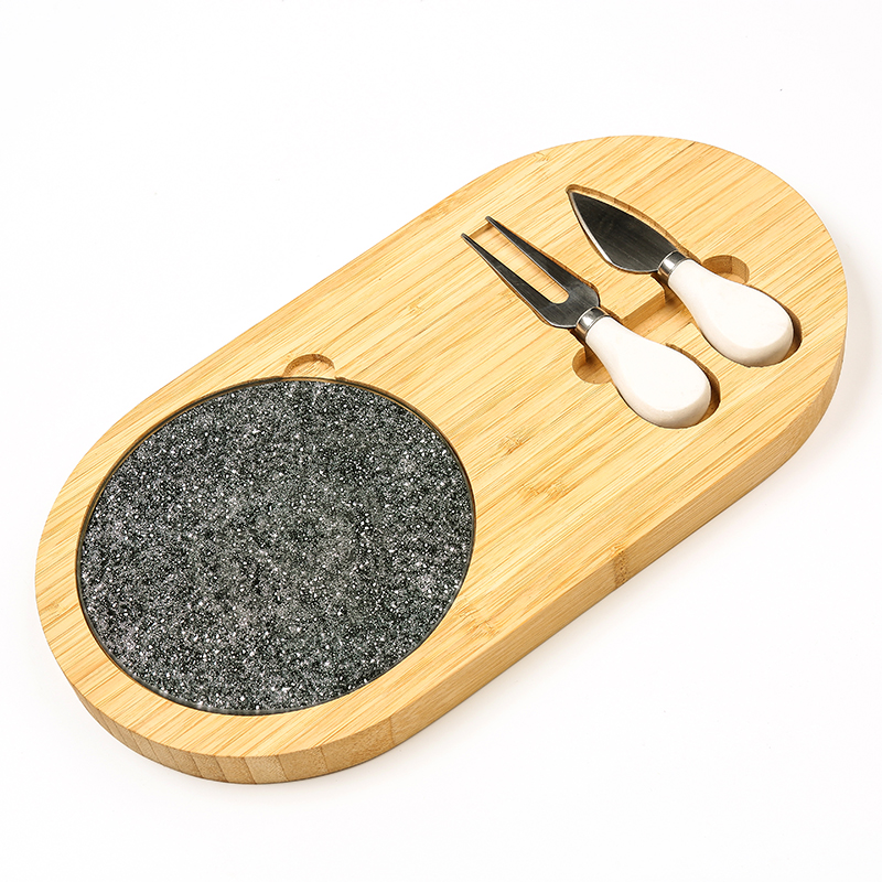 Bamboo Cheese board set with marble stone and 2 cheese knives