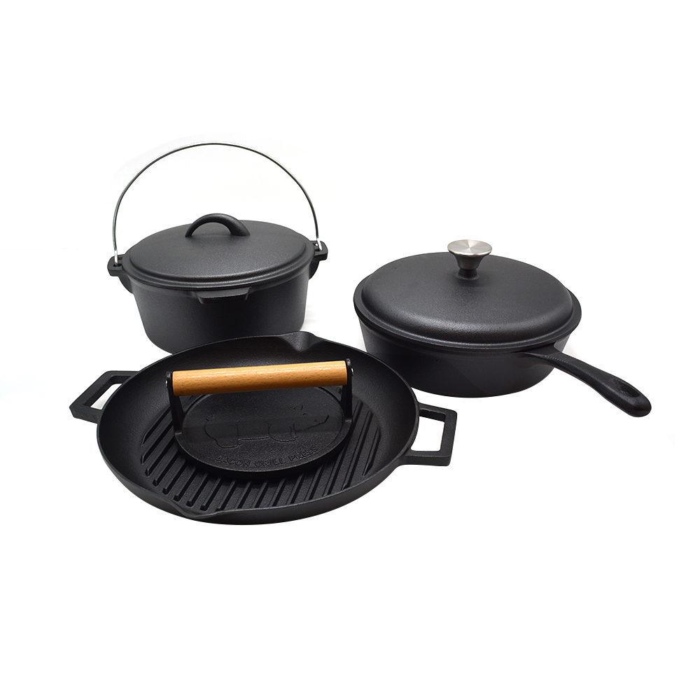 Pre-seasoned Cookware Cooking Soup Pot Cast Iron Pizza Pan With Frypan For Cooker Pot Set