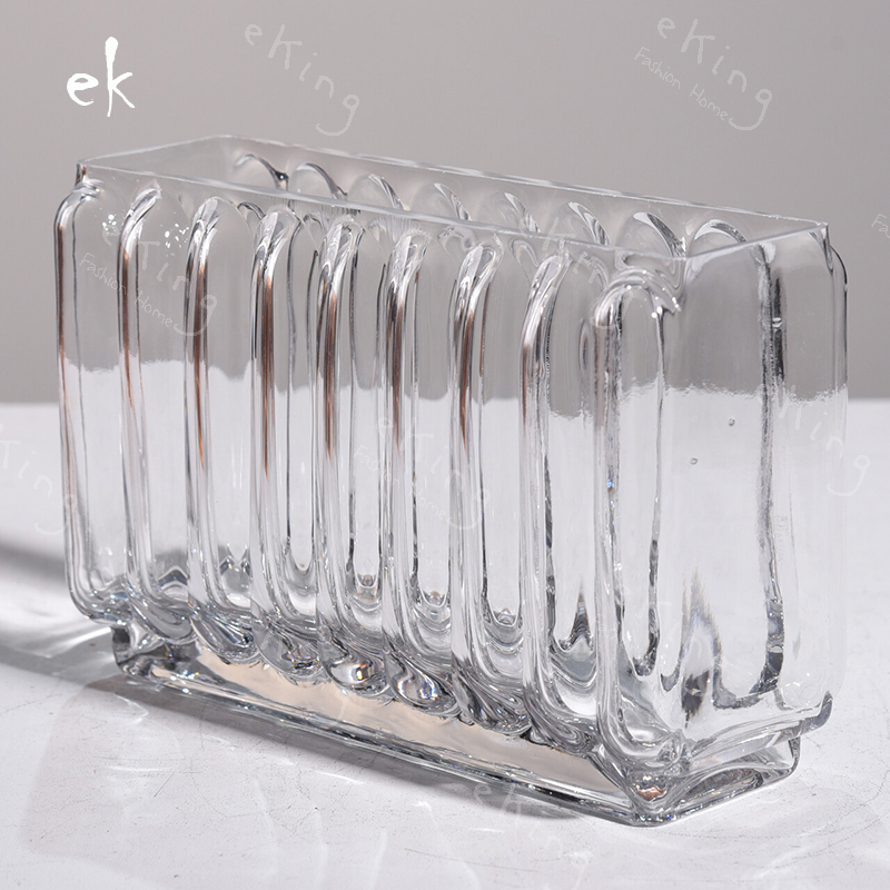 # " rectangle glass flat vase strip pattern colorful decoration nordic style handblown colored