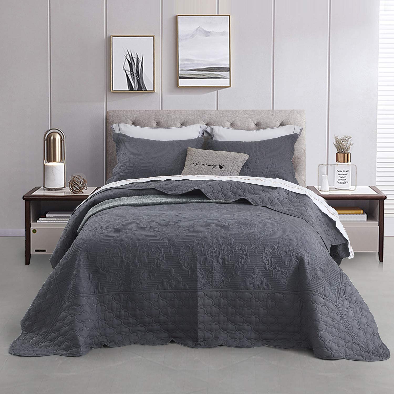 Oversized Bedspread Coverlet Set Lightweight Bedding Cover 4 Piece Reversible Bedspread Embossed Floral Solid Pattern
