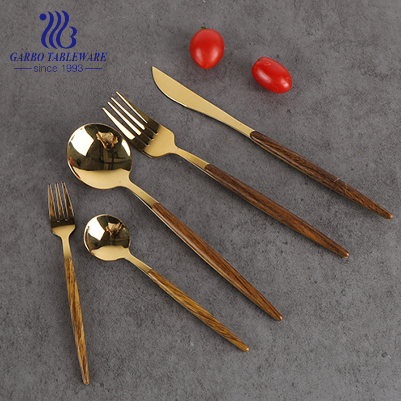 18/0 stainless steel PVD golden color high quality flatware set with plastic wooden handle