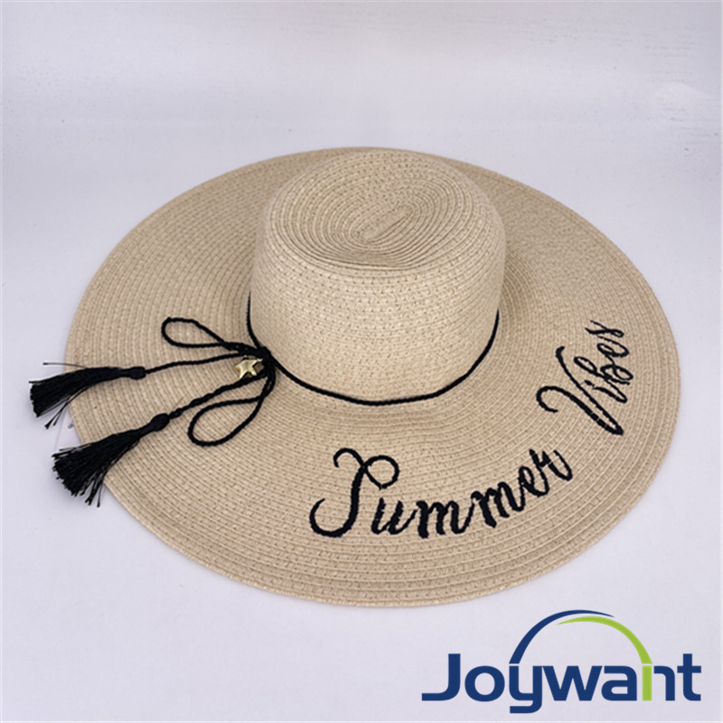 Wide brim beach hat floppy hat embroidered design hat with tassels