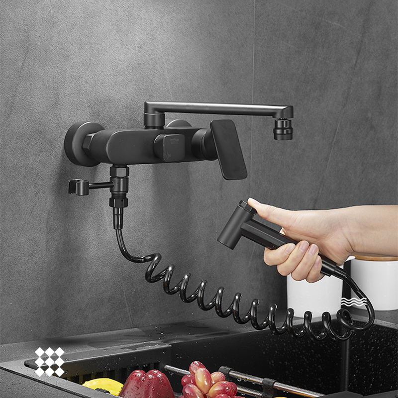 Matte Black Wall Mounted Kitchen Faucet Pull Down Cold Hot Water Kitchen Taps 360 Rotation Dual Function Sprayer Taps