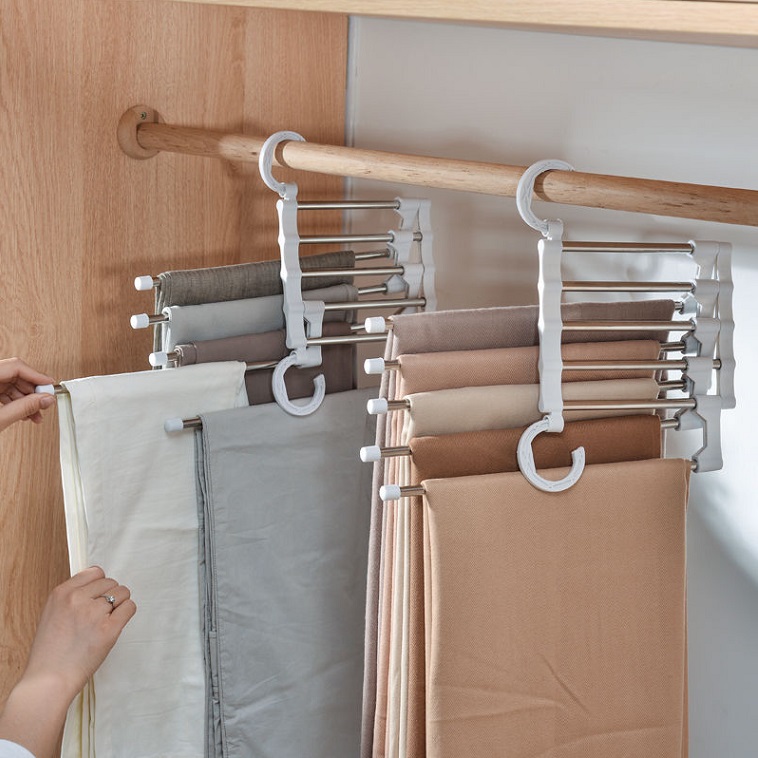 Stainless steel multifunctional folding and storage magic pants rack, five in one multi-layer pants rack hanger