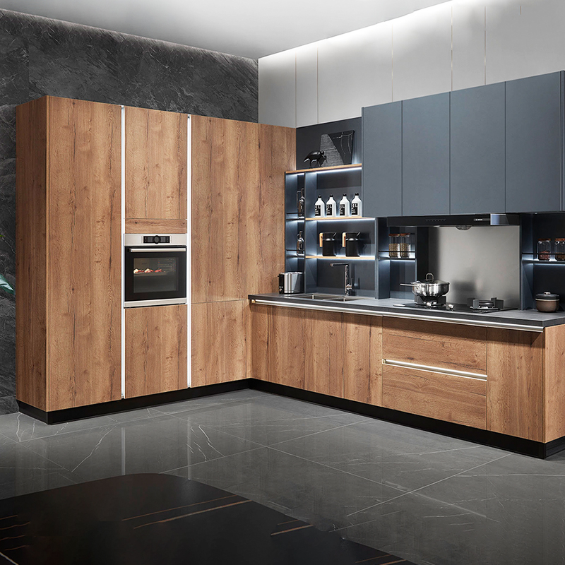 Modern L-Shaped Oak Wooden Kitchen Cabinet PLCC21413