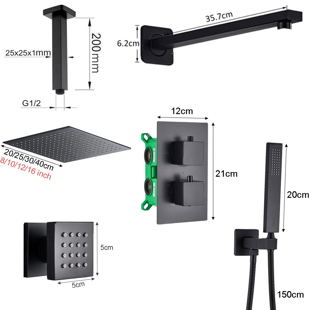 Matte Black Bathroom Faucet Embedded in Box Thermostatic Shower Set Dual Handle Brass Rotate Massage Jet Rainfall Shower Mixers