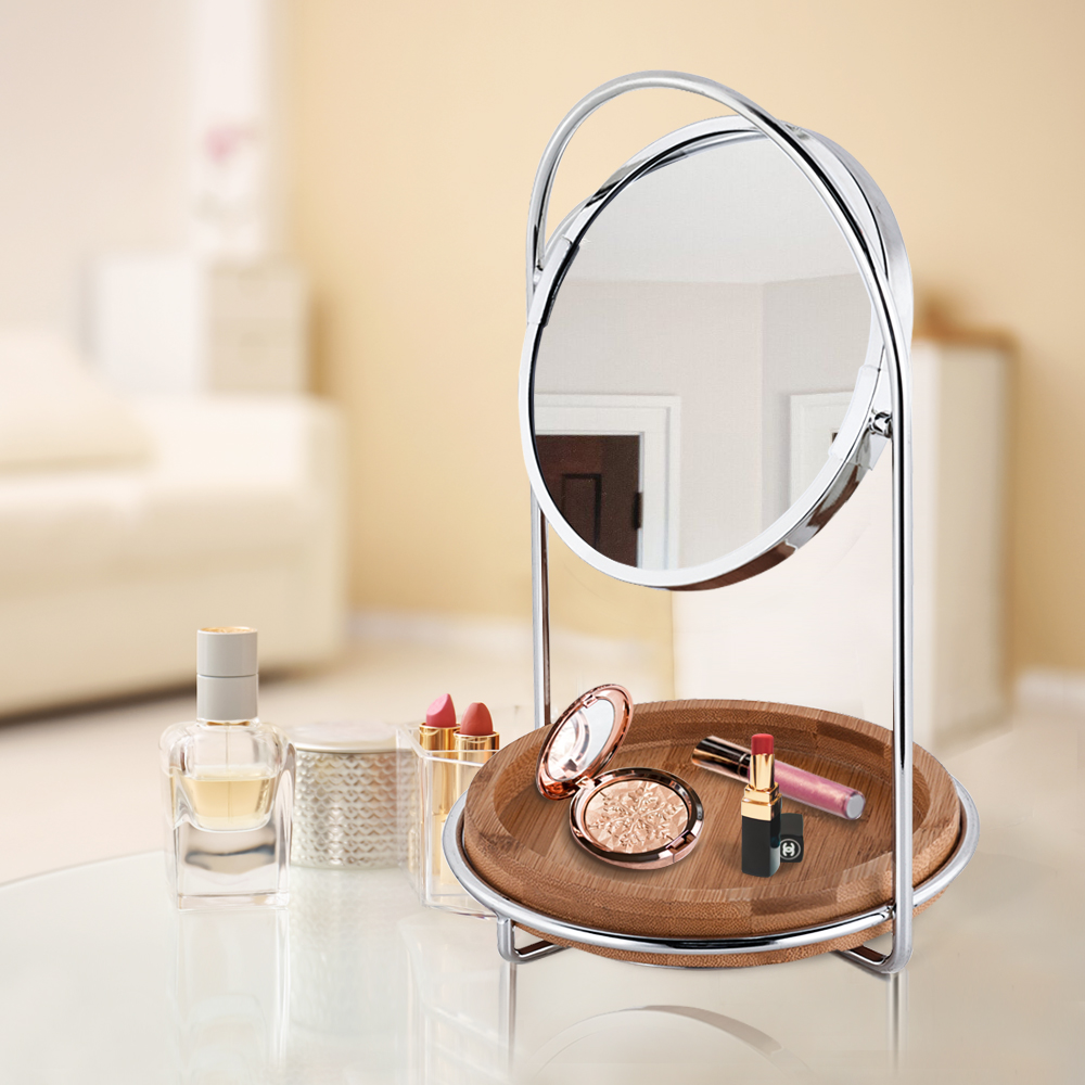 1688 gold color Table desktop vanity mirror double sides cosmetic with bamboo tray organizer