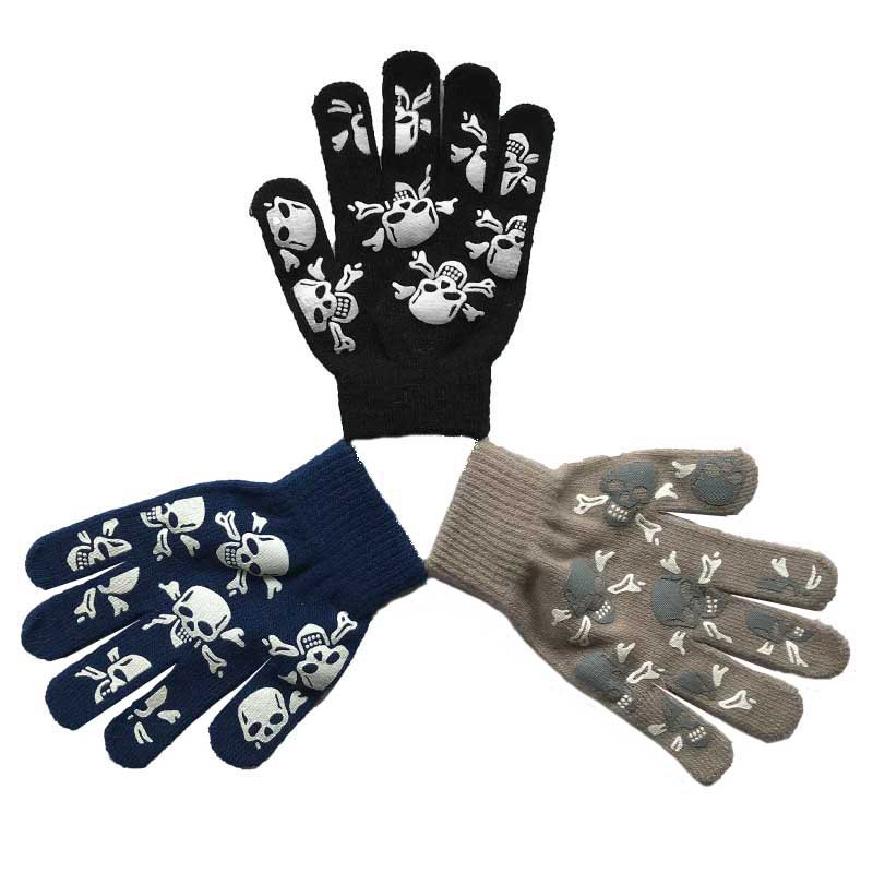 Black Winter knitted Magic Gloves with Skull Printing