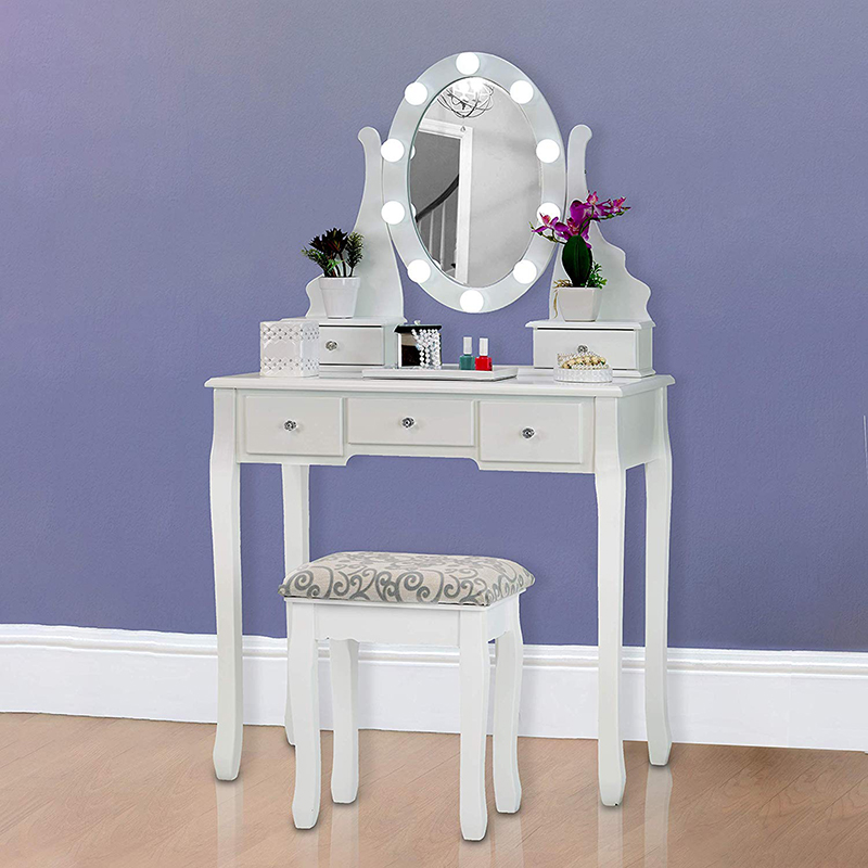 White Dressing Table with Stool and LED Lights with 5 Drawers and Mirror Dresser Furniture Dresser Makeup Table
