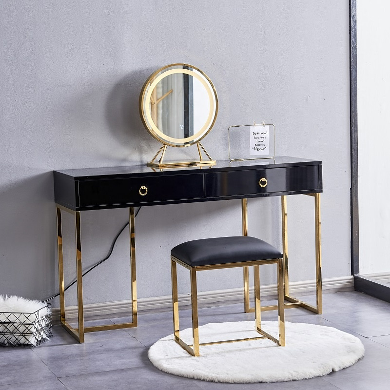 Bedroom corner luxury white black gold 2 drawers LED dressing table set vanity makeup table
