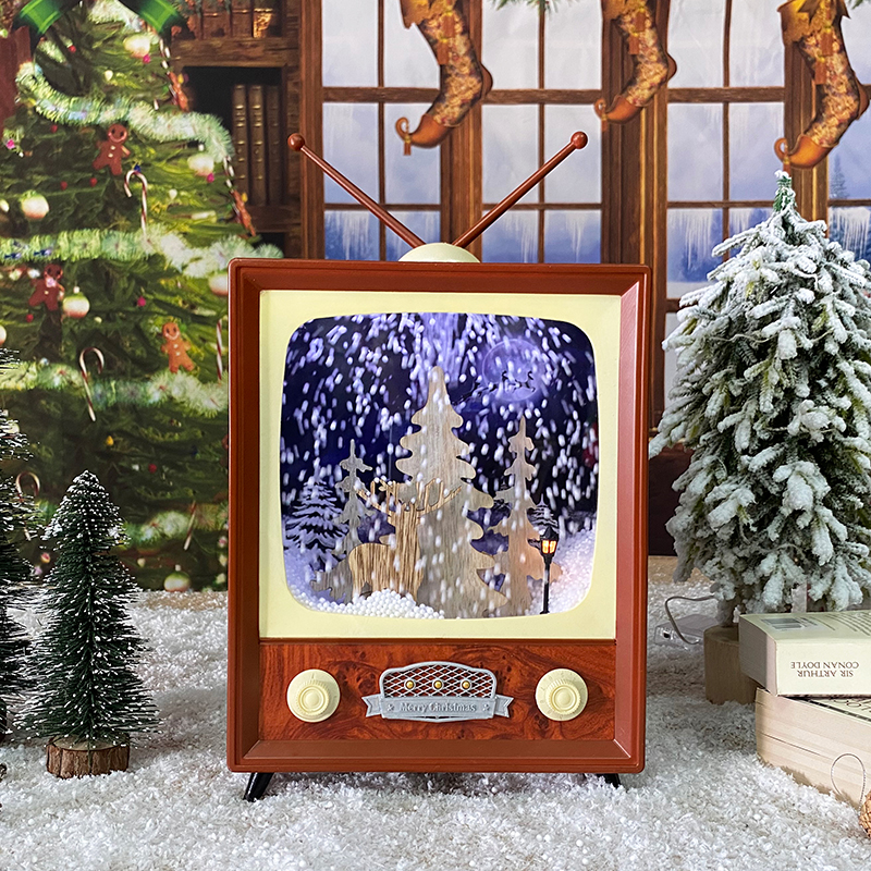 New Products tv juguete toy indoor Christmas decoration snowing tv adorno with light and music for kids