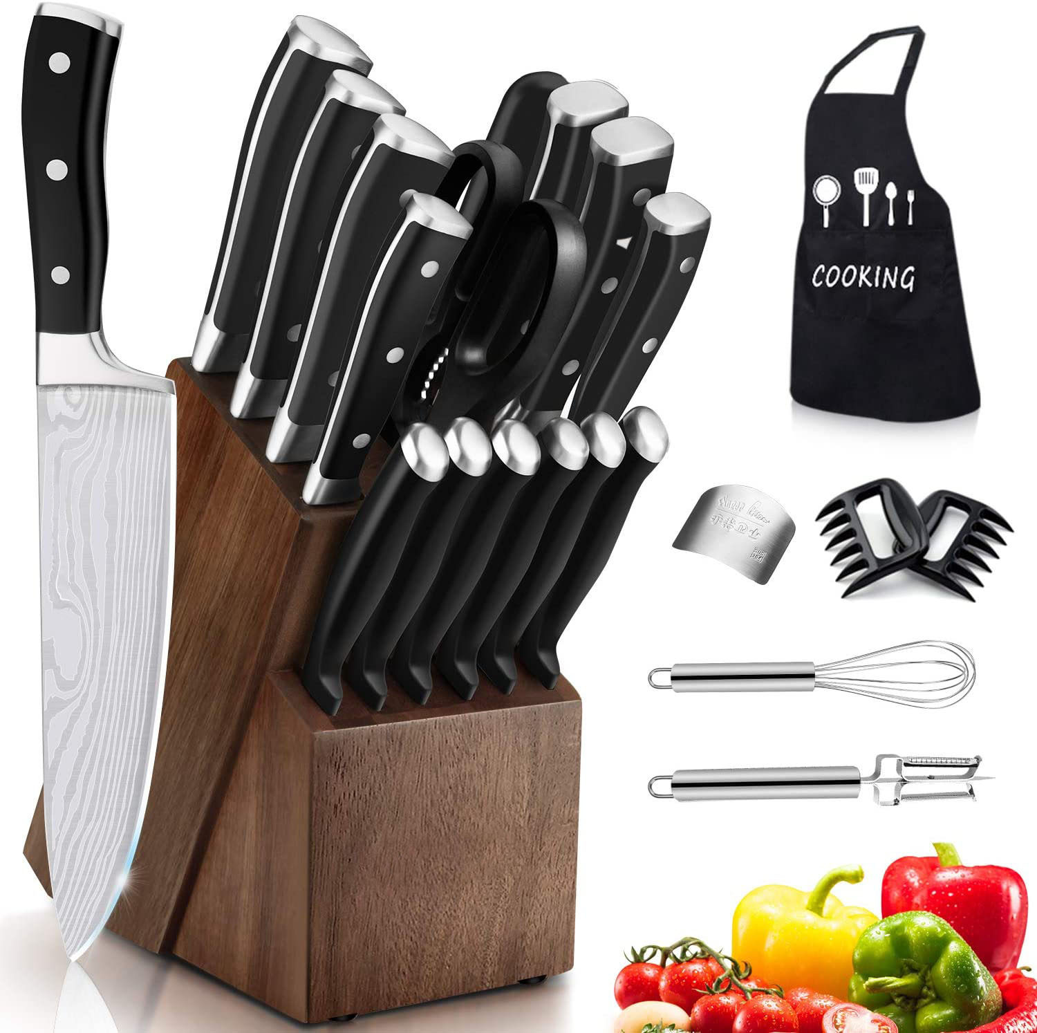 22 Pieces Kitchen Knife Set with Block Wooden,Stainless Steel Professional Chef Knife Block Set