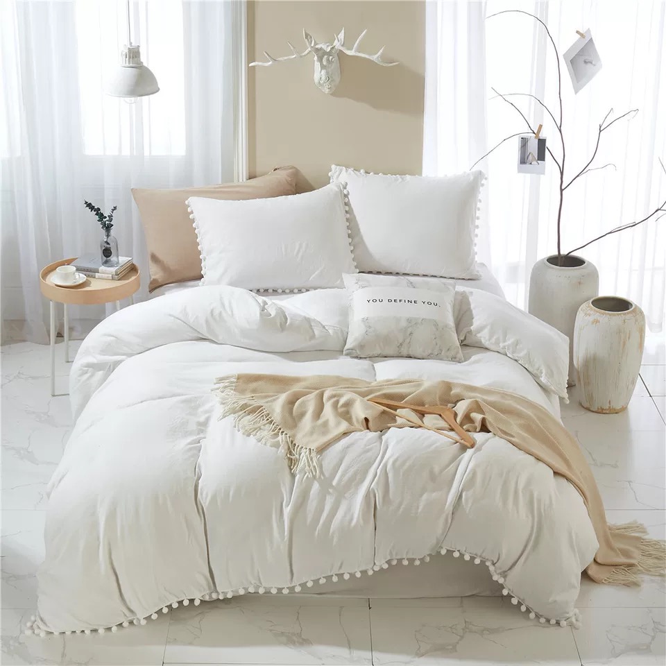 Marcaron Pure color 100% cotton Duvet Cover set with pompon