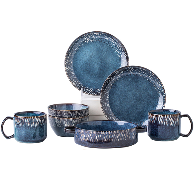 Nordic reactive glaze blue color ceramic dinnerware set plates elegant ceramic b