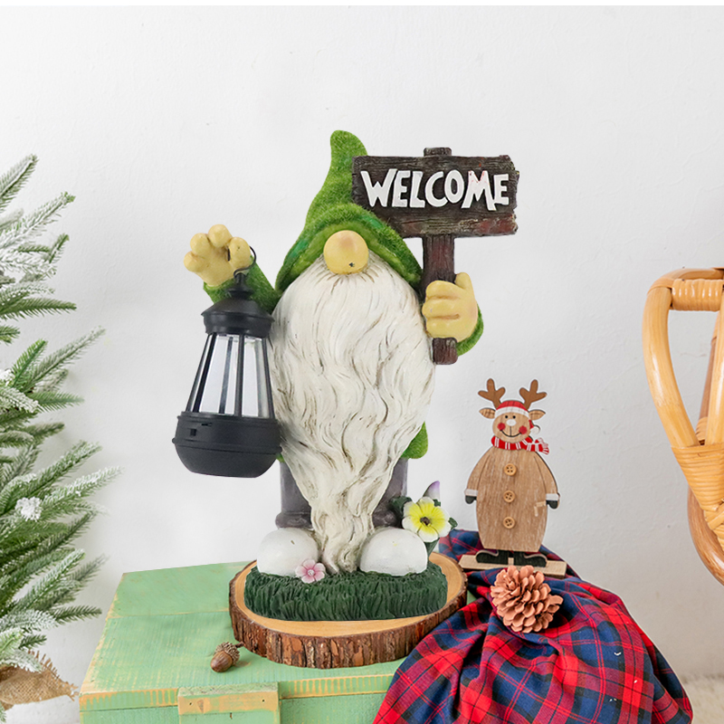 Custom resin garden home decoration solar energy system light flocking green portable lamp gnome ornaments figurine Garden sets