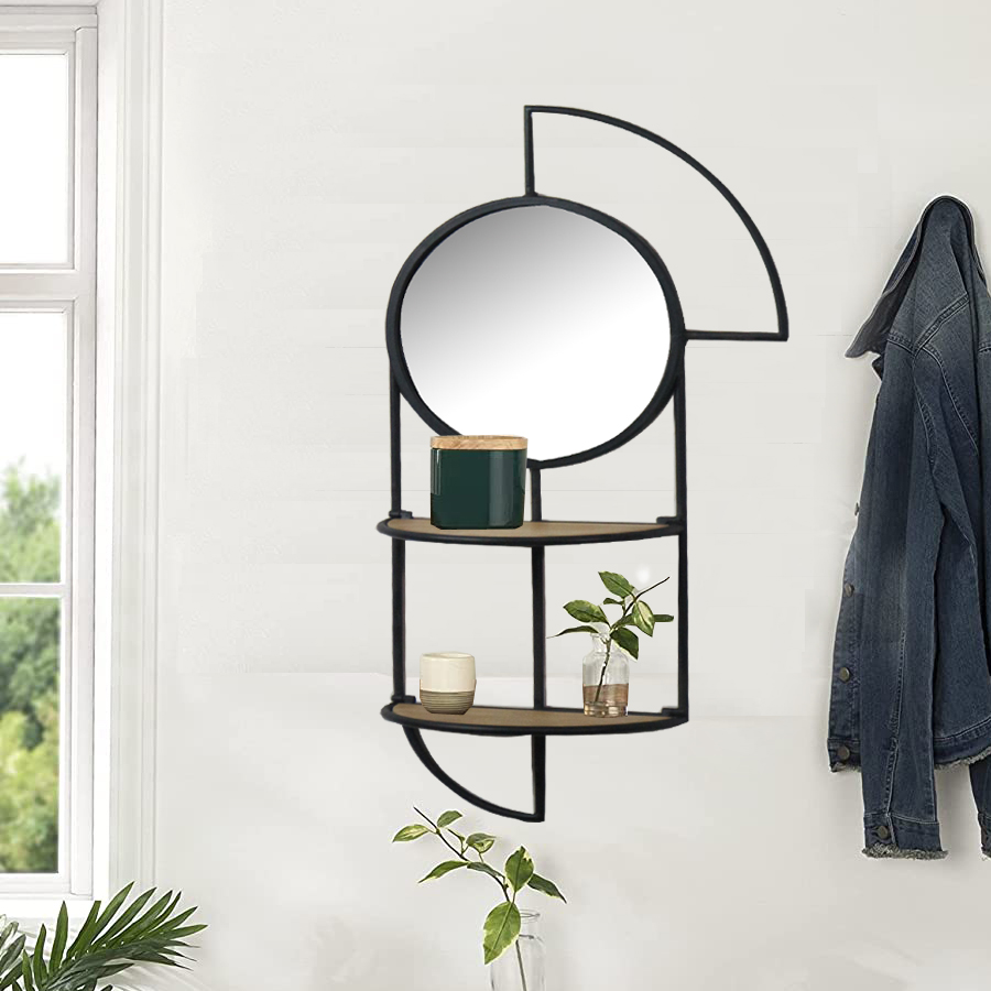 Wholesale Foldable Living Room Premium Room Decoration Iron Hanging Wall Shelf With Round Mirror