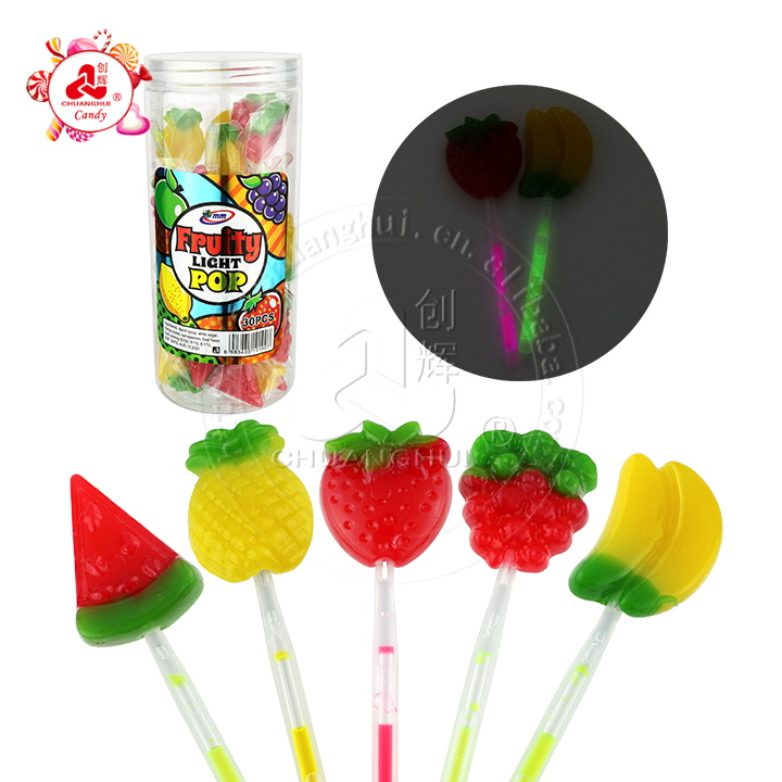Halal sweet fruit shape lollipop fruits glowing fluorescent lollipop