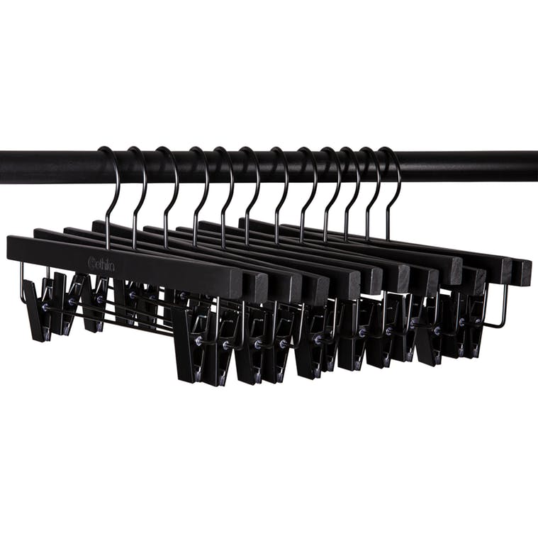 Black wooden pants hanger with metal clips