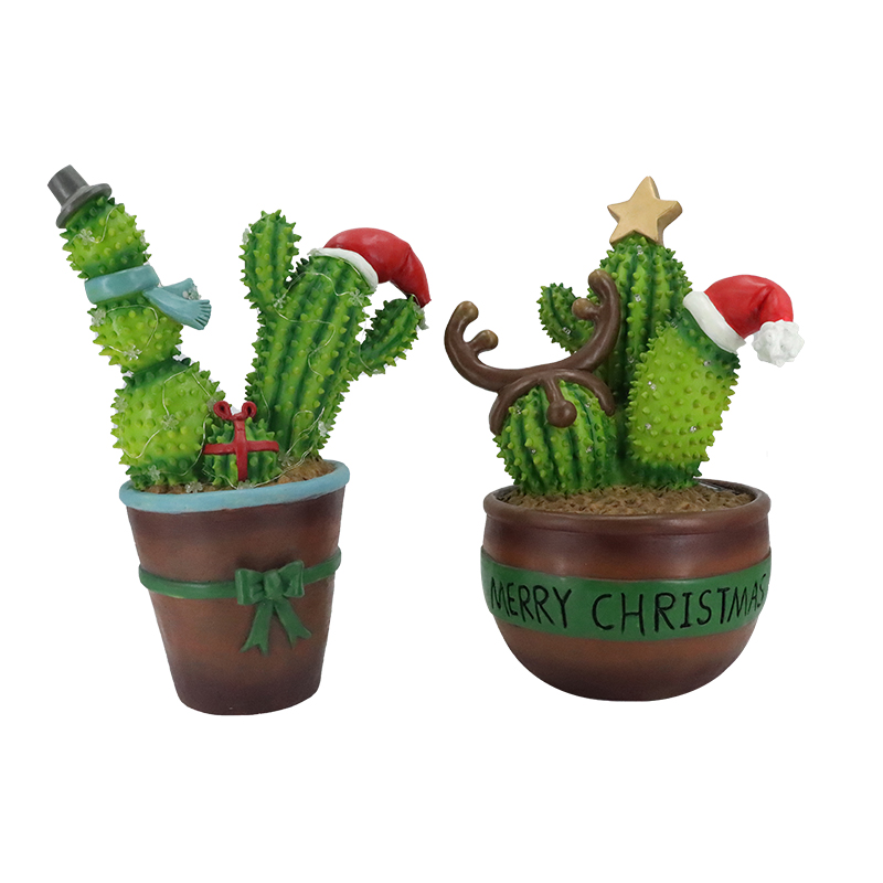 Resin crafts custom large cactus succulent pot christmas decoration christmas hat elk antlers color light home garden decoration