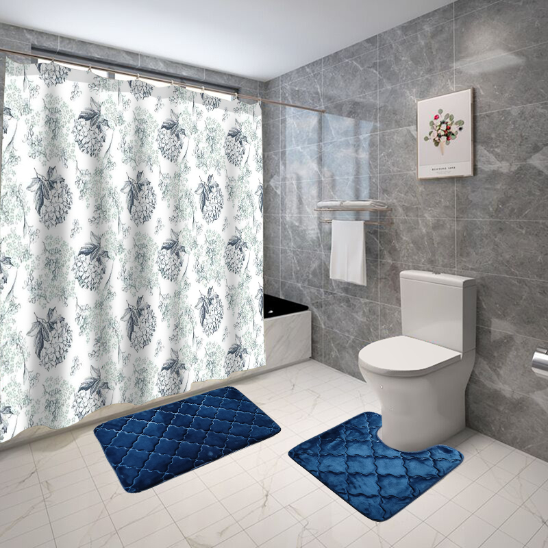 15pcs Flannel Bath Mat Bathroom Sets with Polyester Printed Shower Curtain