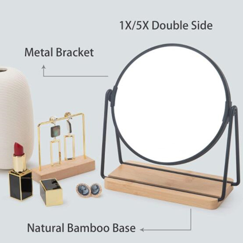 Table desktop vanity mirror double sides cosmetic with bamboo tray organizer