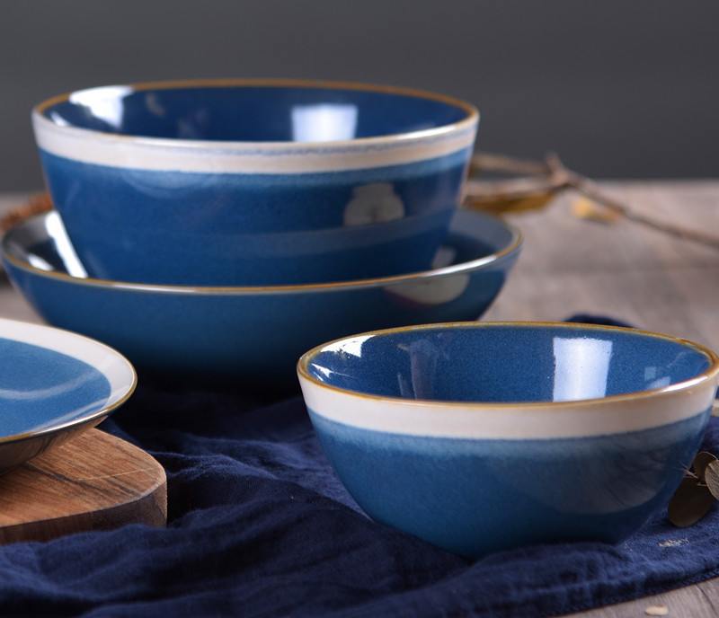 Stoneware reactive blue porcelain dinnerware set 11 inch dinner plate salad plate soup bowl big oval platter ceramic mug set