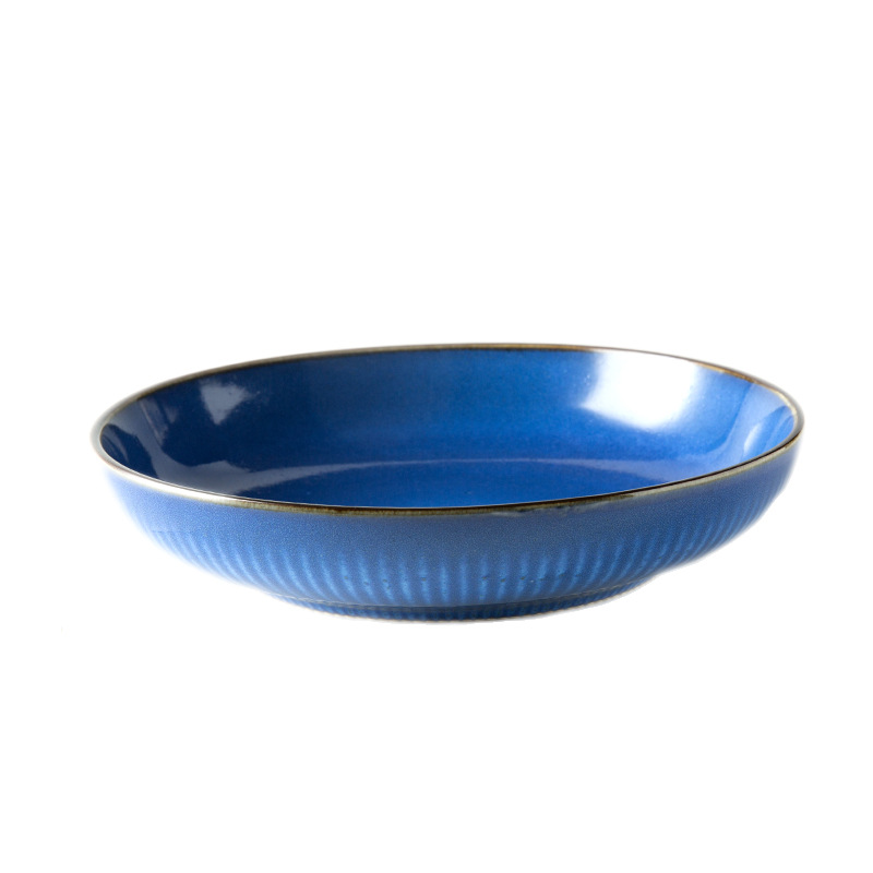 9.5 inch big ceramic reactive round blue soup plate emboss ceramic soup bowl